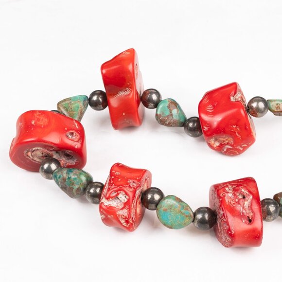 Turquoise and Chunky Red Coral  & Silver Bead Statement Vintage Necklace - Picture 7 of 8